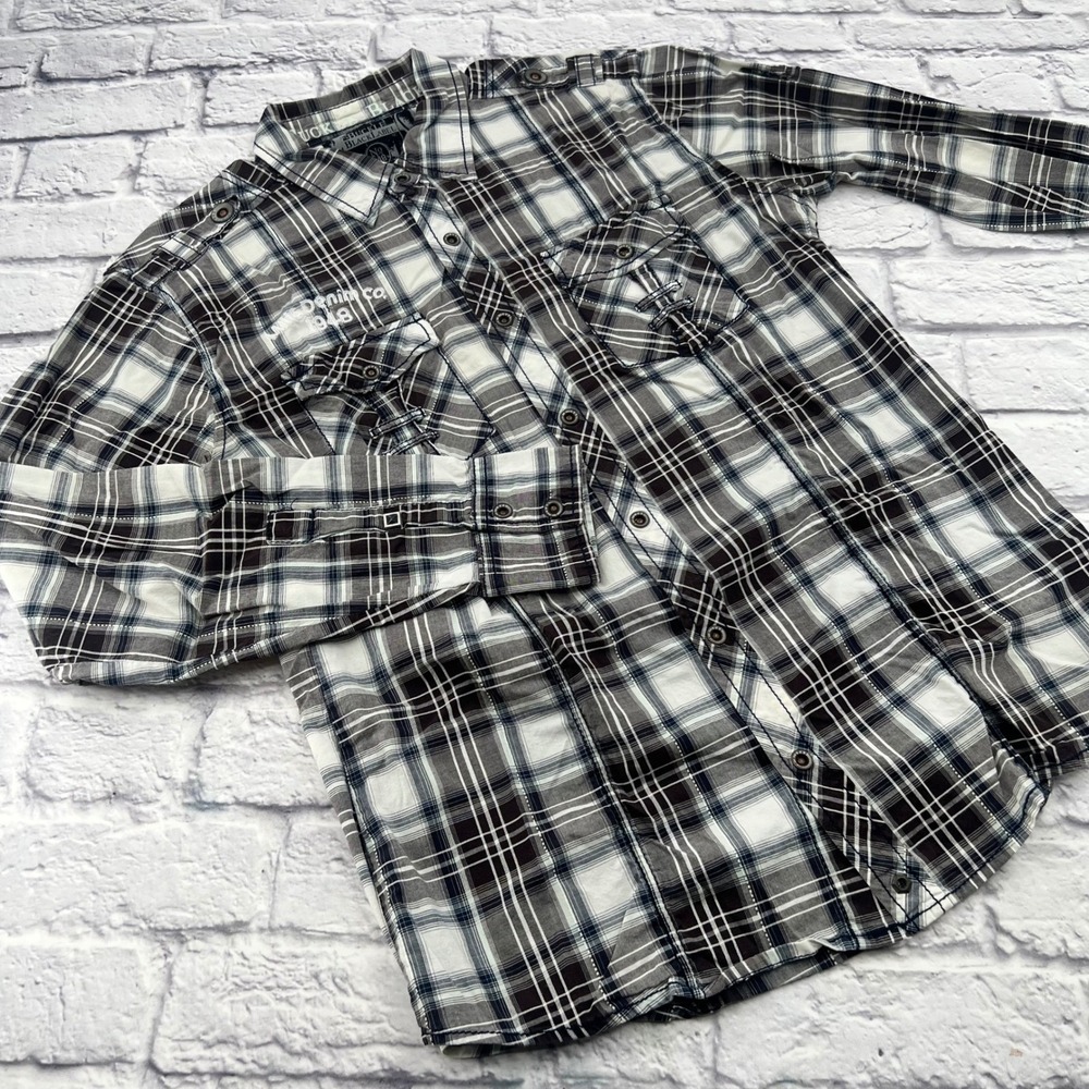 Buckle Black Label Athletic Fit Mens Medium Brown Plaid Snap Button Shirt
